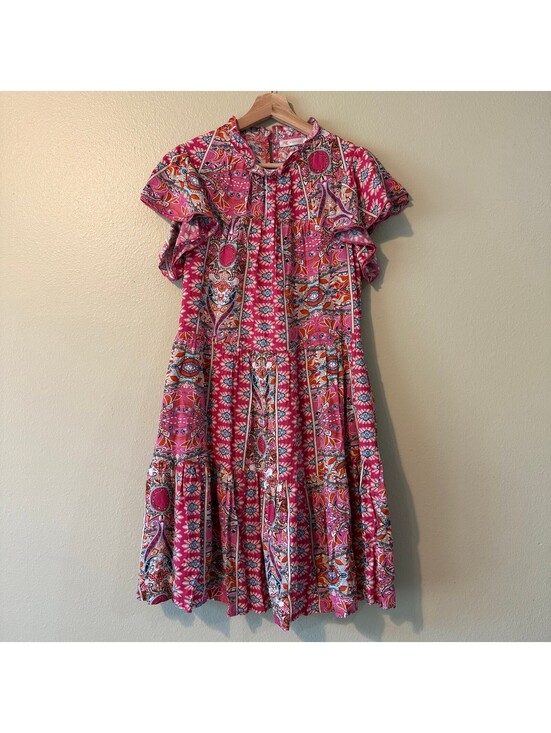 Kirundo Dresses & Skirts - Kirundo Pink Patterned Viscose Dress with Ruffle Detail S